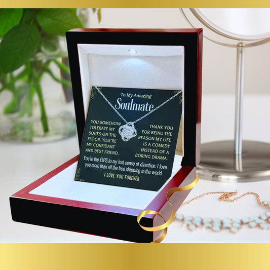 Message Card Love-Knot Necklace Jewelry for Birthday Gifts for Women Girlfriend To My Soulmate, Wife in Luxury Wood Box
