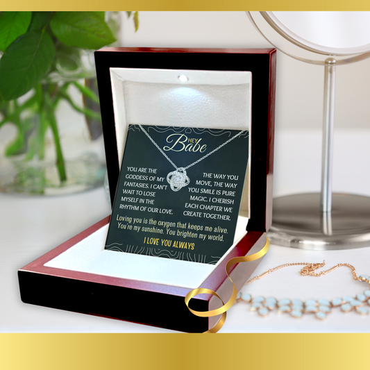 Hey Babe Love-Knot Necklace With Message Card in Luxury Wood Box