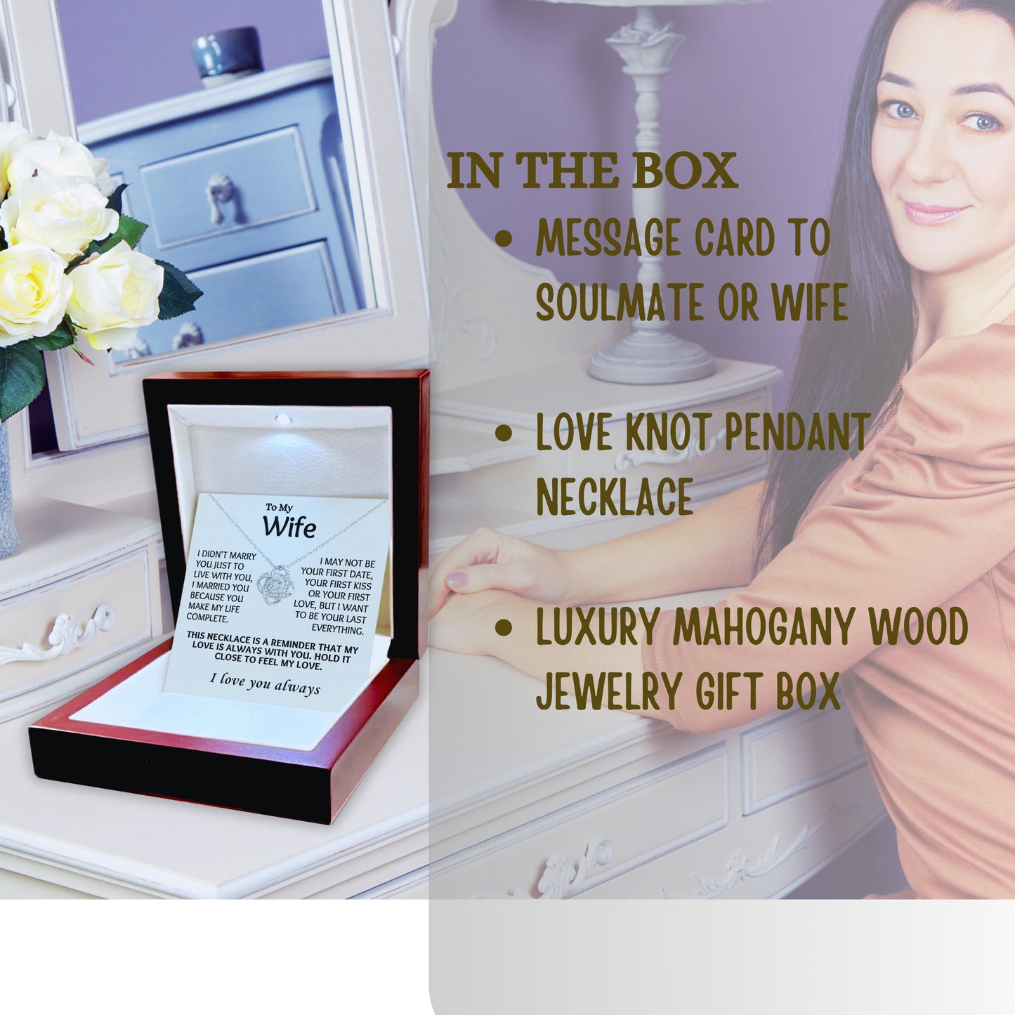 Message Card Love-Knot Necklace Jewelry for My Wife With Heartfelt Message Card in Luxury Wood Box