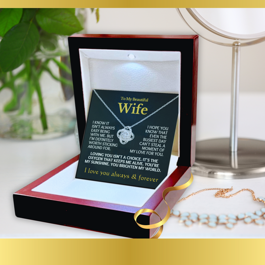 To My Beautiful Wife Love-Knot Necklace With Message Card in Luxury Wood Box