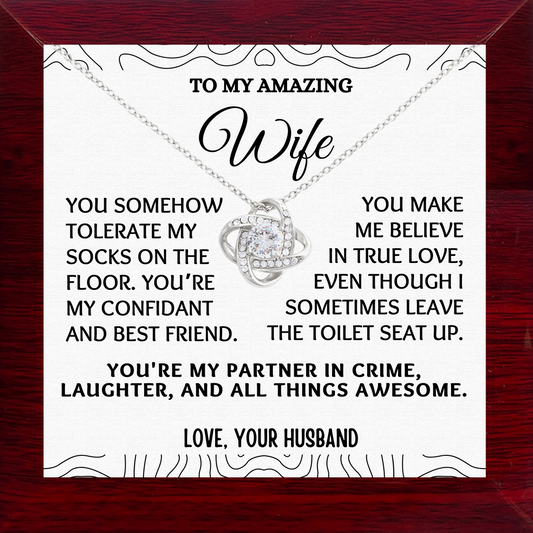 To My Amazing Wife Love-Knot Necklace With Message Card in Luxury Wood Box