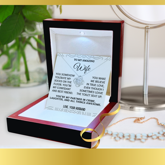 To My Amazing Wife Love-Knot Necklace With Message Card in Luxury Wood Box
