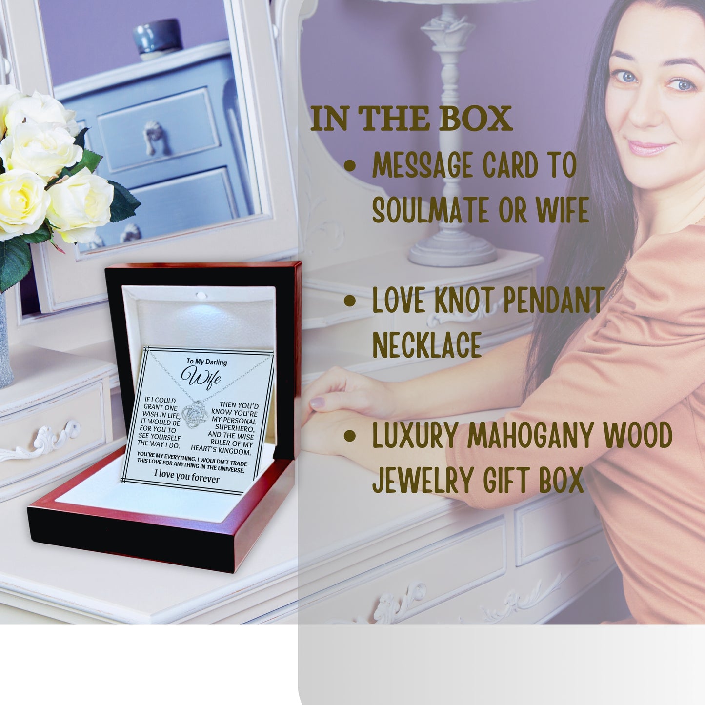 To My Darling Wife Love-Knot Necklace With Message Card in Luxury Wood Box