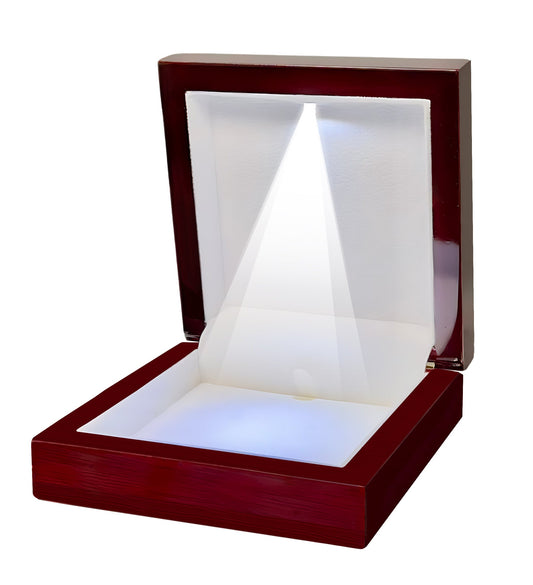 Wooden Jewelry Box with LED Light, 4 x 4 x 1.5 Inches Wood Case Necklace Gift Box for Birthday DIY Craft Hobbies Men Women Occasions (Mahogany Cream Interior)