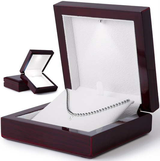 Wooden Jewelry Box with LED Light, 4 x 4 x 1.5 Inches Wood Case Necklace Gift Box for Birthday DIY Craft Hobbies Men Women Occasions (Mahogany Cream Interior)