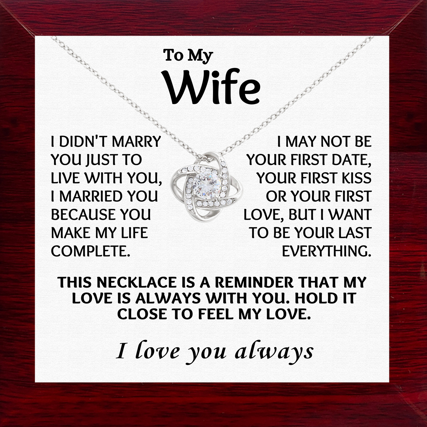 Message Card Love-Knot Necklace Jewelry for My Wife With Heartfelt Message Card in Luxury Wood Box
