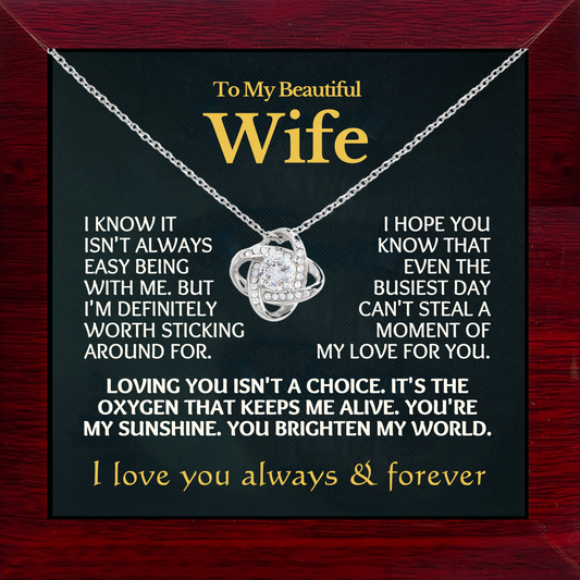 To My Beautiful Wife Love-Knot Necklace With Message Card in Luxury Wood Box